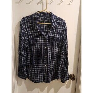 Simply Emma Plus‎ Size 1X Blue Plaid Roll Tab Sleeve Button Down 100% Cotton Top